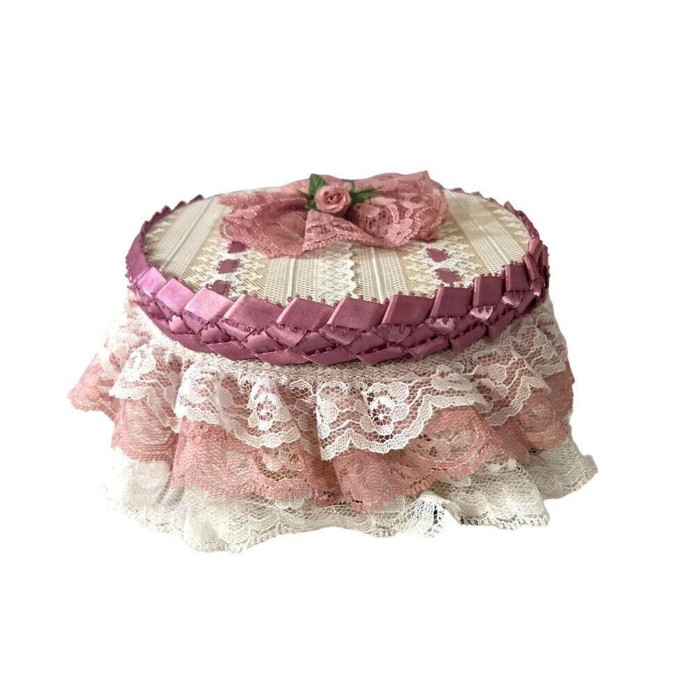 Victorian Handmade Lace Sewing Notions Trinket Box Jewelry VTG 8" Granny Core - Picture 5 of 12